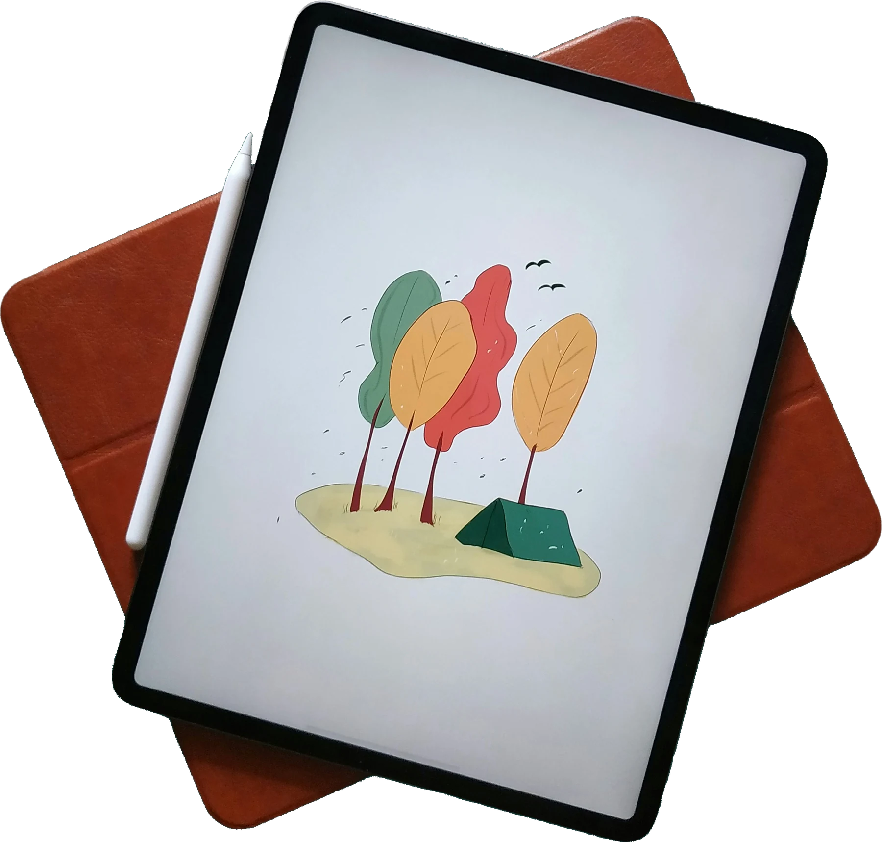 An iPad with a drawn graphic design of some trees. A brown leather case is under the iPad, along with an Apple Pencil
